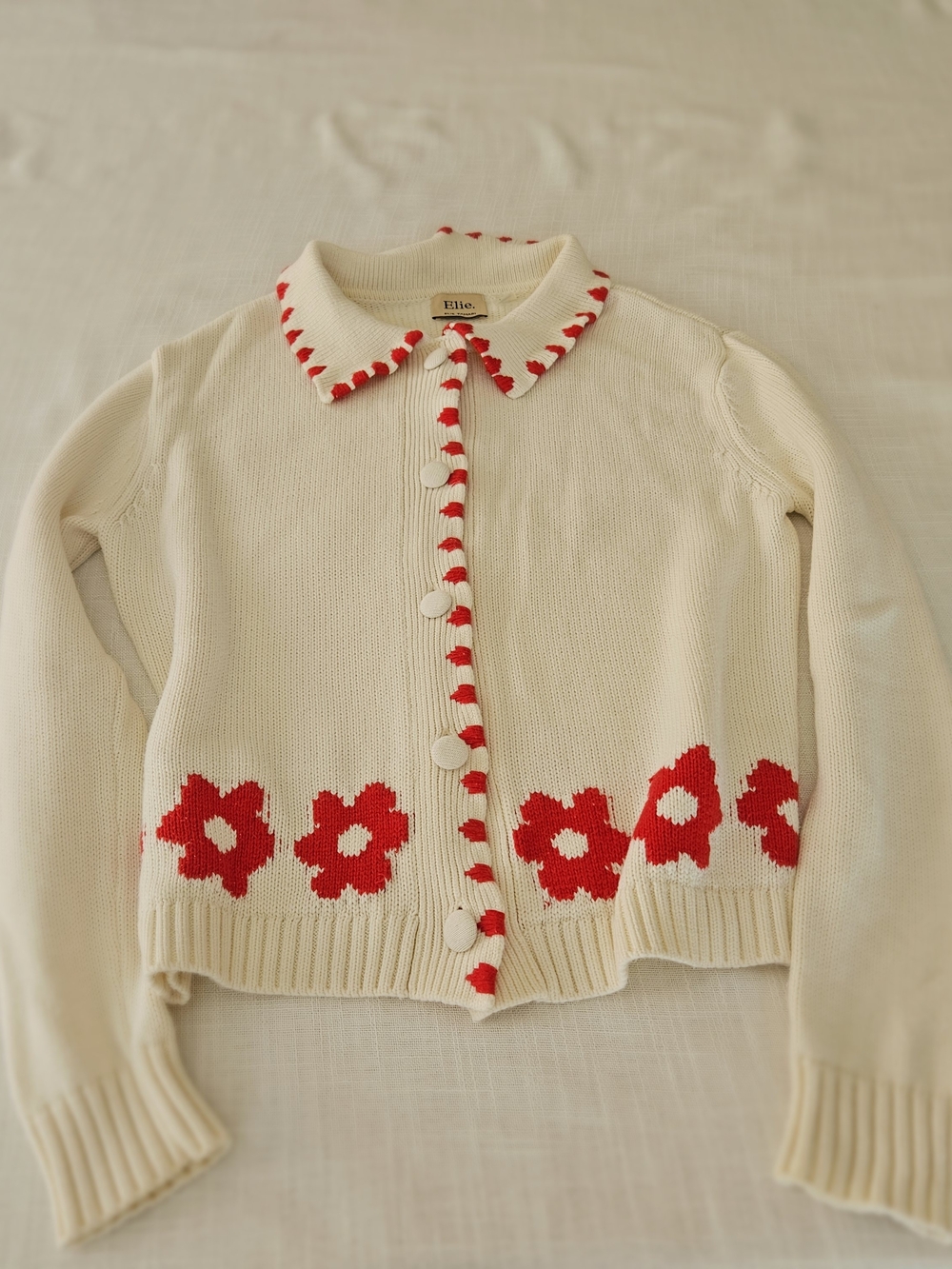 Elie Tahari Red Flower Knit Cardigan Sweater Ivory Cream XS - Picture 16 of 16